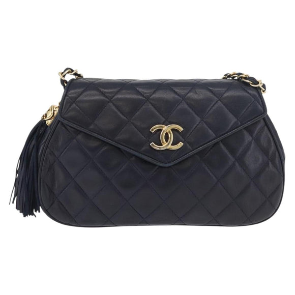 CHANEL Matelasse Chain Shoulder Bag Lamb Skin Navy Gold CC Auth 181880V