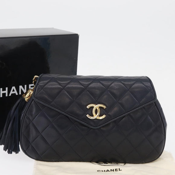 CHANEL Matelasse Chain Shoulder Bag Lamb Skin Navy Gold CC Auth 181880V