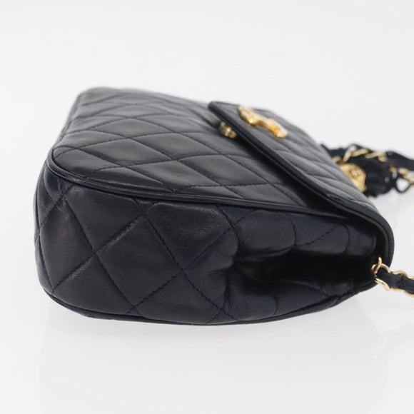 CHANEL Matelasse Chain Shoulder Bag Lamb Skin Navy Gold CC Auth 181880V