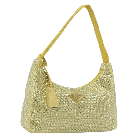 PRADA Rhinestone Hand Bag Satin Yellow Silver Auth 181892SM