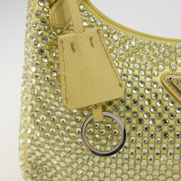 PRADA Rhinestone Hand Bag Satin Yellow Silver Auth 181892SM