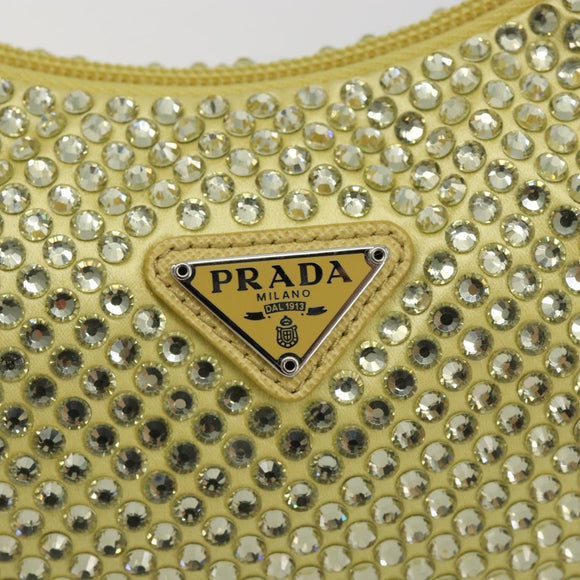 PRADA Rhinestone Hand Bag Satin Yellow Silver Auth 181892SM