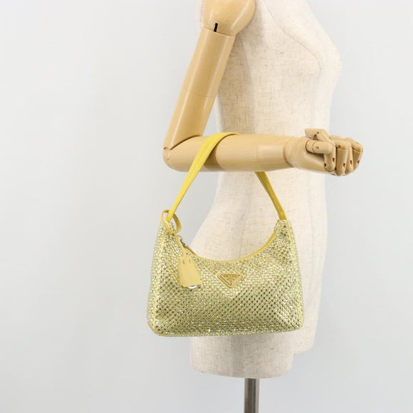 PRADA Rhinestone Hand Bag Satin Yellow Silver Auth 181892SM