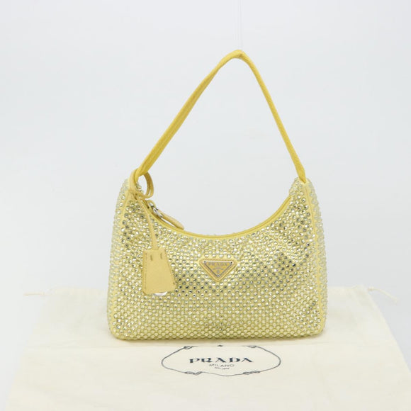 PRADA Rhinestone Hand Bag Satin Yellow Silver Auth 181892SM