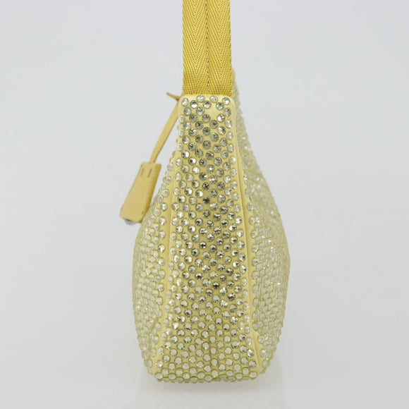 PRADA Rhinestone Hand Bag Satin Yellow Silver Auth 181892SM