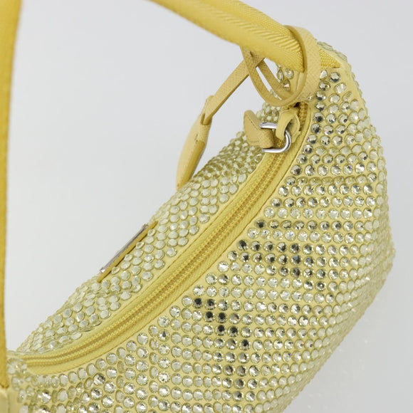 PRADA Rhinestone Hand Bag Satin Yellow Silver Auth 181892SM