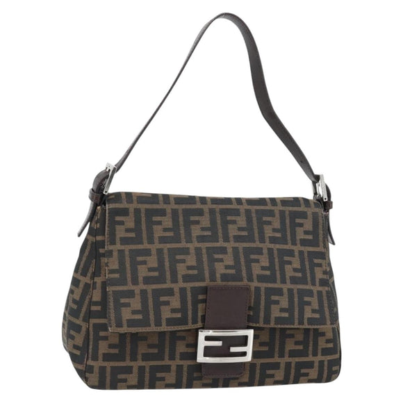 FENDI Zucca Canvas Mamma Baguette Shoulder Bag Black Brown Auth 181898V