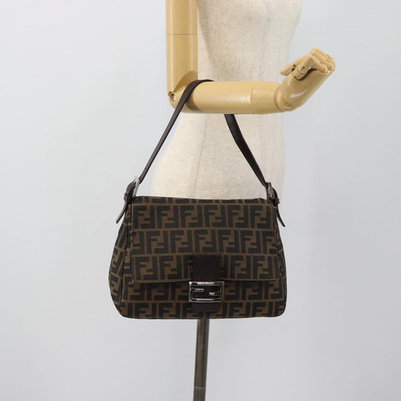 FENDI Zucca Canvas Mamma Baguette Shoulder Bag Black Brown Auth 181898V