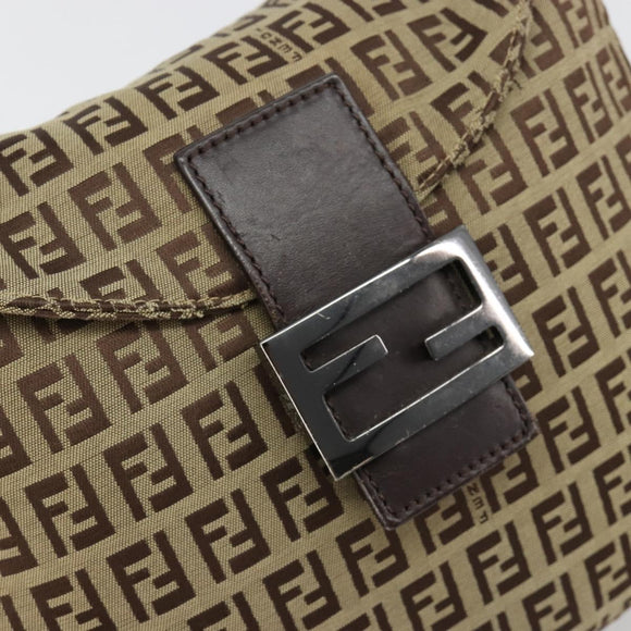 FENDI Zucchino Canvas Mamma Baguette Schultertasche Beige Silber Auth 181899A