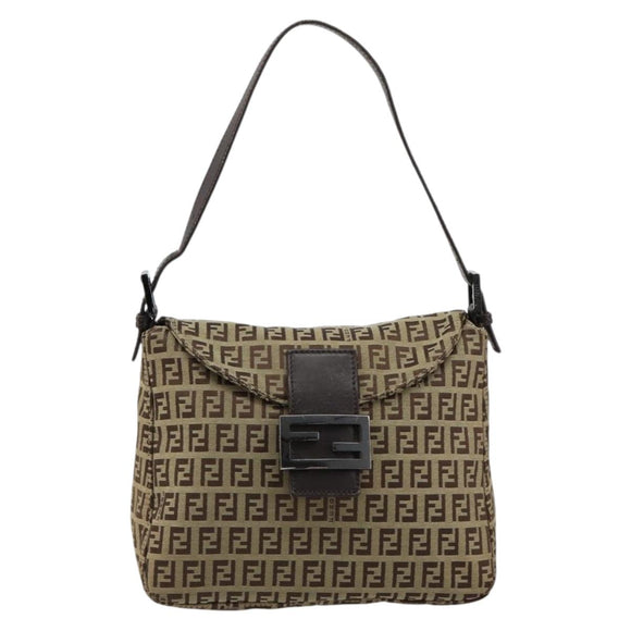 FENDI Zucchino Canvas Mamma Baguette Schultertasche Beige Silber Auth 181899A