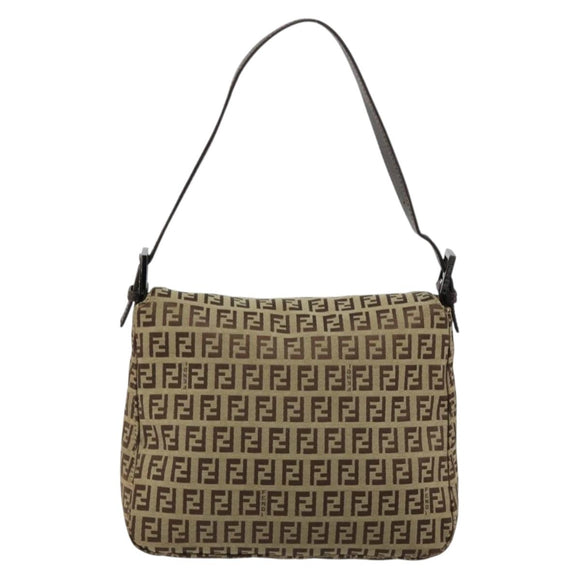 FENDI Zucchino Canvas Mamma Baguette Schultertasche Beige Silber Auth 181899A