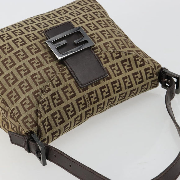 FENDI Zucchino Canvas Mamma Baguette Schultertasche Beige Silber Auth 181899A