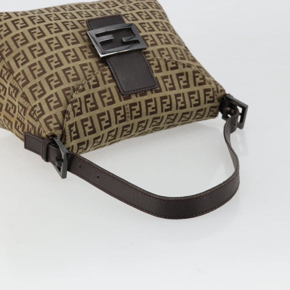 FENDI Zucchino Canvas Mamma Baguette Schultertasche Beige Silber Auth 181899A