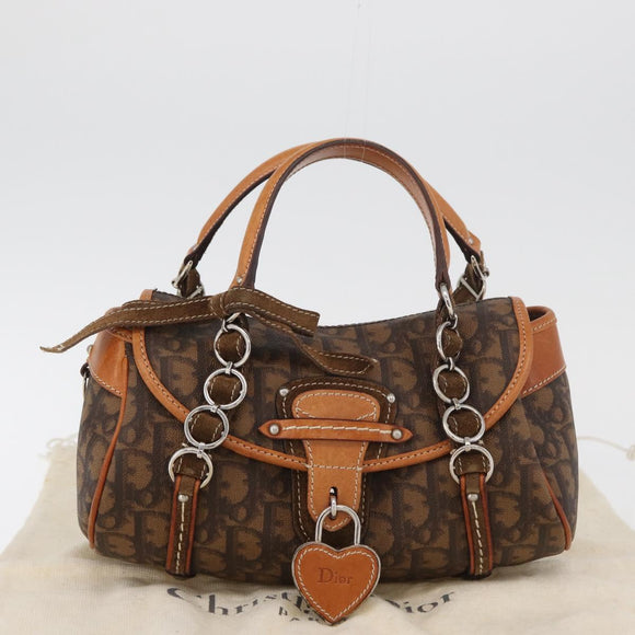 Christian Dior Trotter Canvas Romantic Hand Bag PVC Brown Silver Auth 181900V