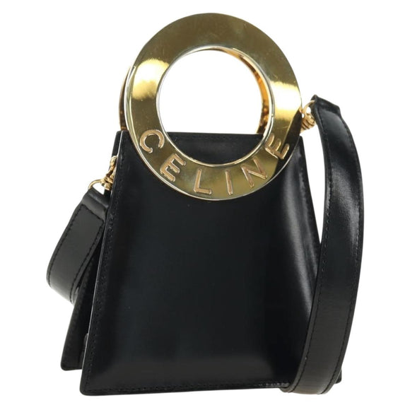 CELINE Circle Shoulder Bag Leather Black Gold Auth 181901SM
