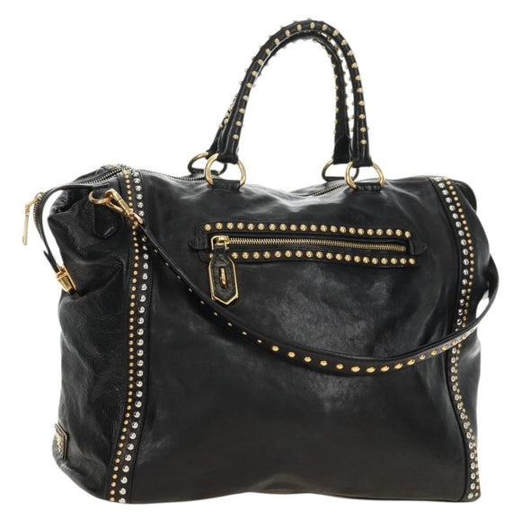 PRADA Tote Bag Leather 2way Black Gold Silver Auth 181906SM