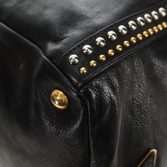 PRADA Tote Bag Leather 2way Black Gold Silver Auth 181906SM