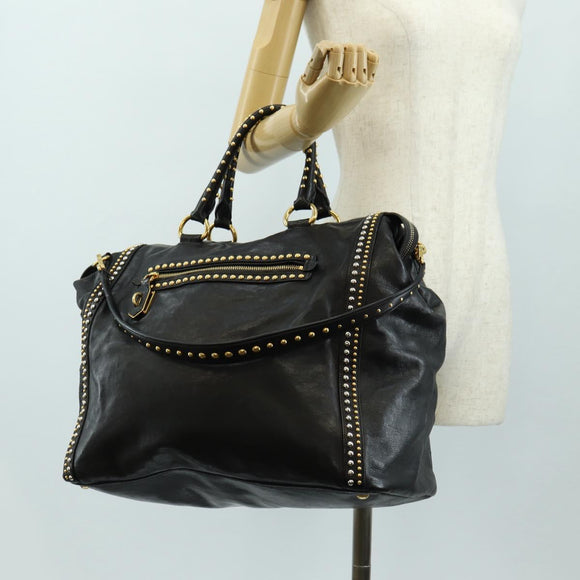 PRADA Tote Bag Leather 2way Black Gold Silver Auth 181906SM