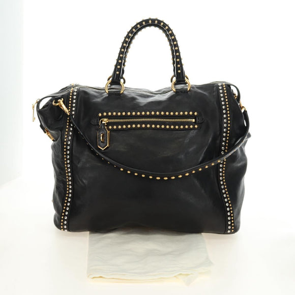 PRADA Tote Bag Leather 2way Black Gold Silver Auth 181906SM