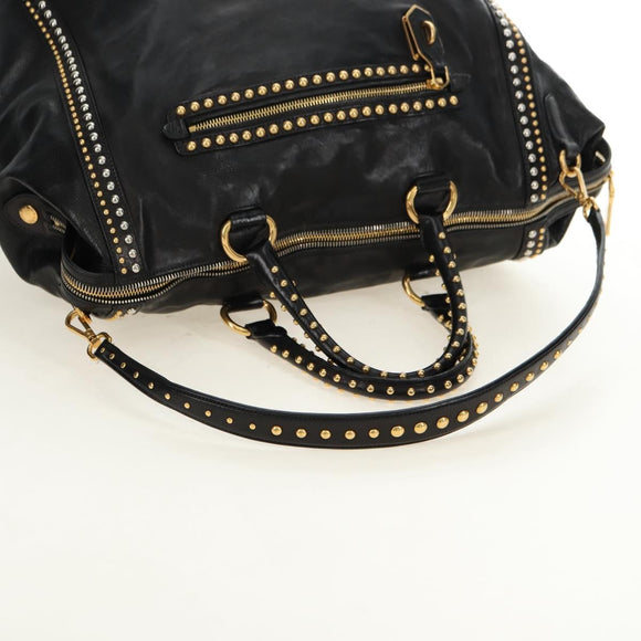 PRADA Tote Bag Leather 2way Black Gold Silver Auth 181906SM