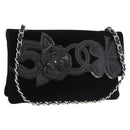 CHANEL Chain Camelia Shoulder Bag Velor Black Silver CC Auth 181910V-1
