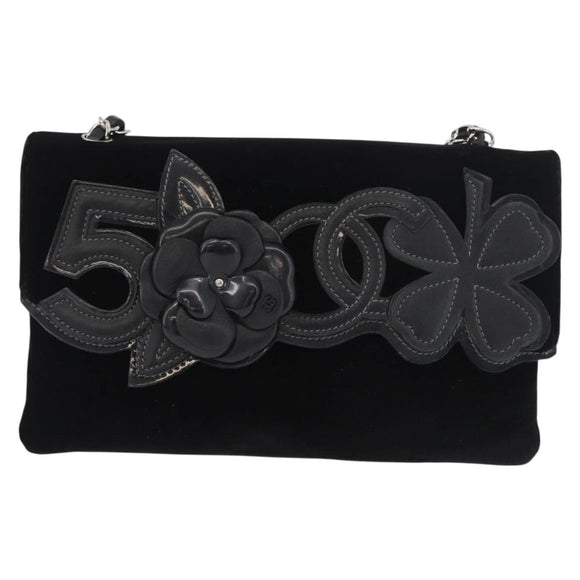 CHANEL Chain Camelia Shoulder Bag Velor Black Silver CC Auth 181910V