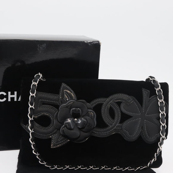 CHANEL Chain Camelia Shoulder Bag Velor Black Silver CC Auth 181910V