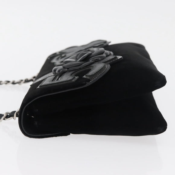 CHANEL Chain Camelia Shoulder Bag Velor Black Silver CC Auth 181910V