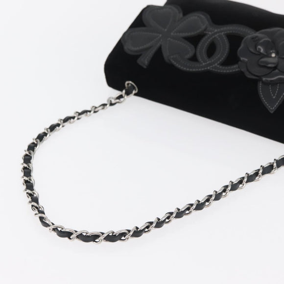 CHANEL Chain Camelia Shoulder Bag Velor Black Silver CC Auth 181910V