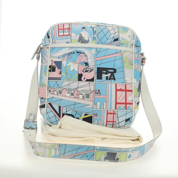 PRADA Comic Print Shoulder Bag Leather White Silver Auth 181914SM