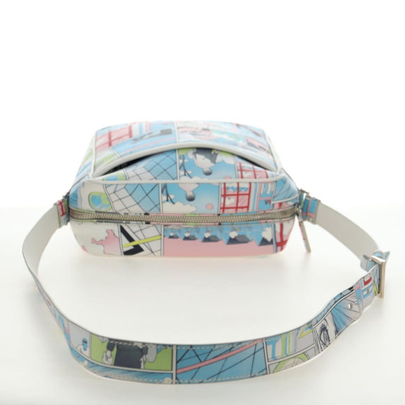 PRADA Comic Print Shoulder Bag Leather White Silver Auth 181914SM