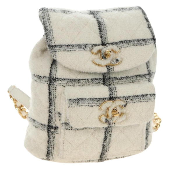 CHANEL Matelasse Chain Backpack Wool Tweed Ivory Gold CC Auth 181919SM