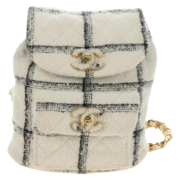 CHANEL Matelasse Chain Backpack Wool Tweed Ivory Gold CC Auth 181919SM