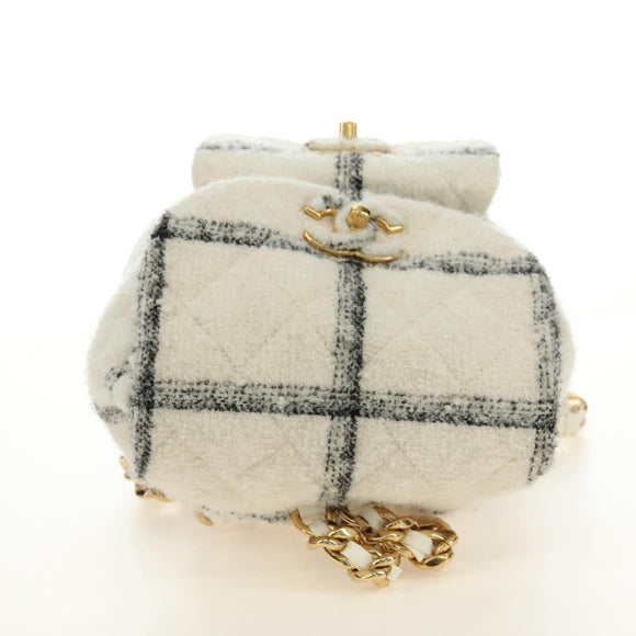 CHANEL Matelasse Chain Backpack Wool Tweed Ivory Gold CC Auth 181919SM