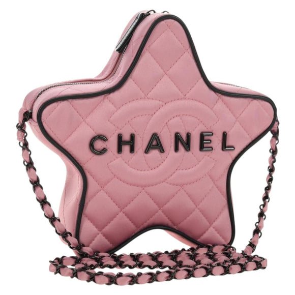 CHANEL Star Matelasse Chain Shoulder Bag Satin Pink CC Auth 181923SM
