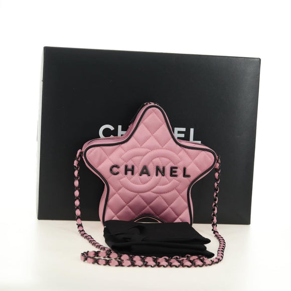 CHANEL Star Matelasse Chain Shoulder Bag Satin Pink CC Auth 181923SM