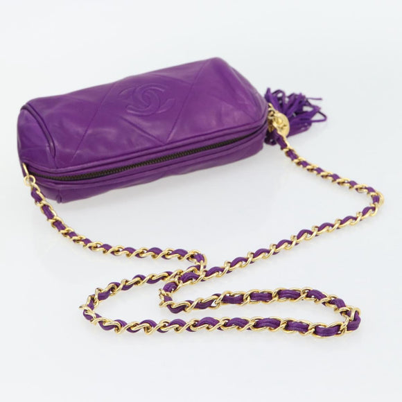 CHANEL Matelasse Chain Shoulder Bag Lamb Skin Purple Gold CC Auth 181924SM