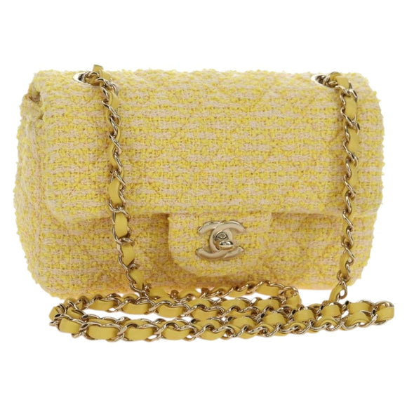 CHANEL Matelasse Chain Shoulder Bag Wool Tweed Yellow Gold CC Auth 181926SM