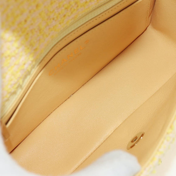 CHANEL Matelasse Chain Shoulder Bag Wool Tweed Yellow Gold CC Auth 181926SM