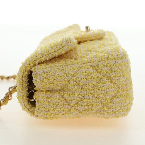 CHANEL Matelasse Chain Shoulder Bag Wool Tweed Yellow Gold CC Auth 181926SM