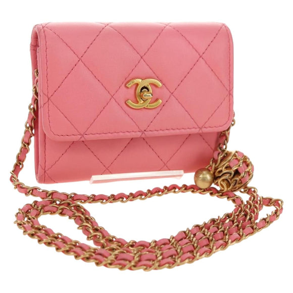 CHANEL Matelasse Chain Wallet Coco Ball Bag Lamb Skin Pink Gold CC Auth 181927M