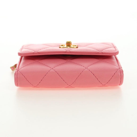 CHANEL Matelasse Chain Wallet Coco Ball Bag Lamb Skin Pink Gold CC Auth 181927M