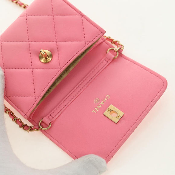 CHANEL Matelasse Chain Wallet Coco Ball Bag Lamb Skin Pink Gold CC Auth 181927M
