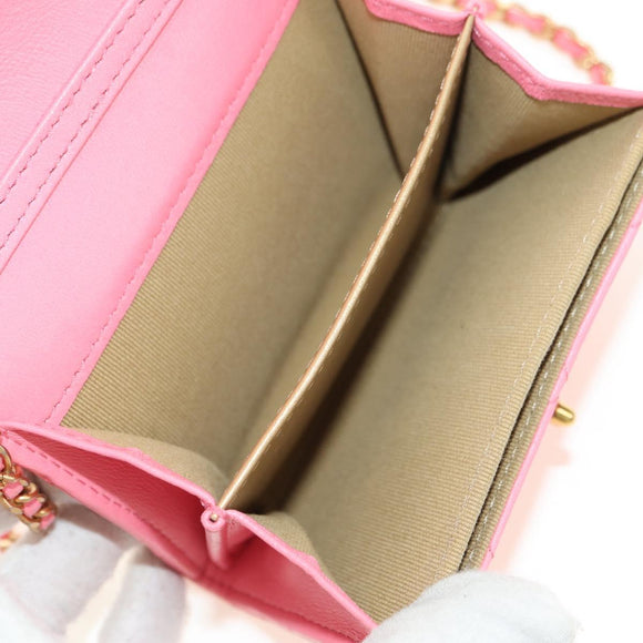 CHANEL Matelasse Chain Wallet Coco Ball Bag Lamb Skin Pink Gold CC Auth 181927M