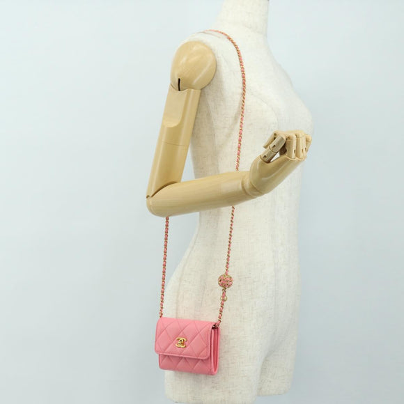 CHANEL Matelasse Chain Wallet Coco Ball Bag Lamb Skin Pink Gold CC Auth 181927M