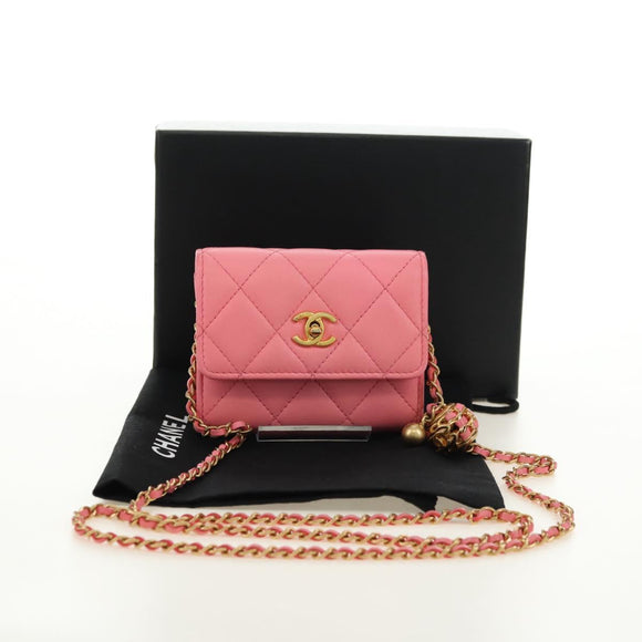 CHANEL Matelasse Chain Wallet Coco Ball Bag Lamb Skin Pink Gold CC Auth 181927M