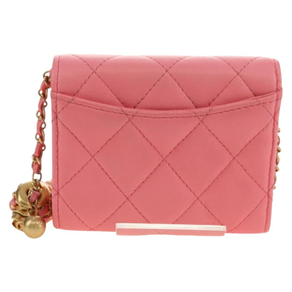 CHANEL Matelasse Chain Wallet Coco Ball Bag Lamb Skin Pink Gold CC Auth 181927M