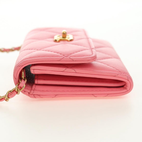 CHANEL Matelasse Chain Wallet Coco Ball Bag Lamb Skin Pink Gold CC Auth 181927M