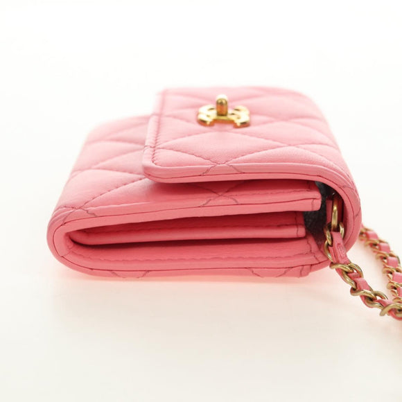 CHANEL Matelasse Chain Wallet Coco Ball Bag Lamb Skin Pink Gold CC Auth 181927M