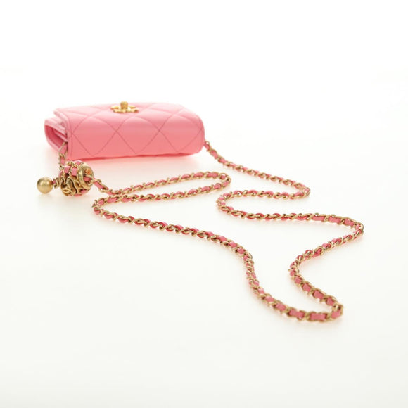 CHANEL Matelasse Chain Wallet Coco Ball Bag Lamb Skin Pink Gold CC Auth 181927M